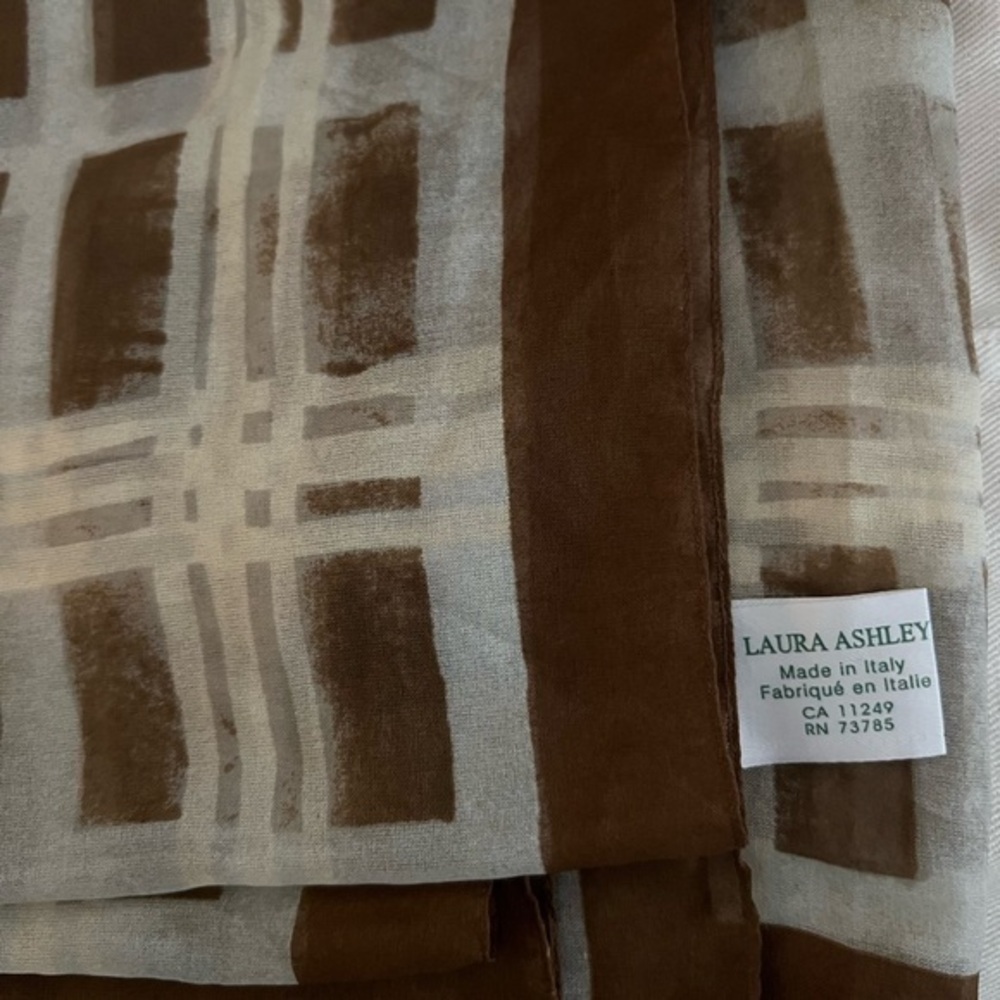 Vintage Laura Ashley Brown Pale Yellow Light Blue Plaid Scarf::Made in Italy::